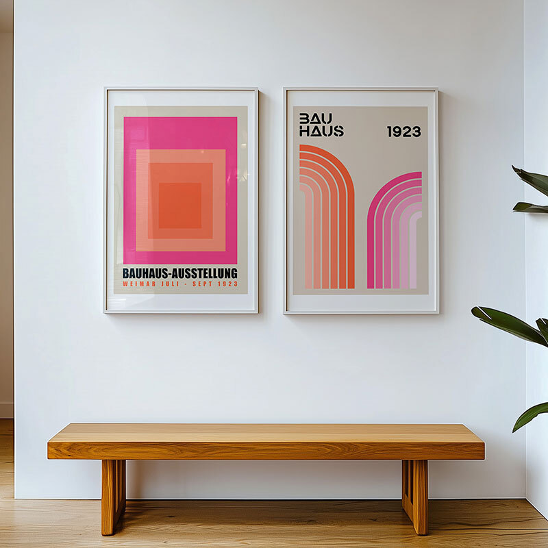 Pink and Orange Bauhaus Set by Luxe Poster Co in white frame