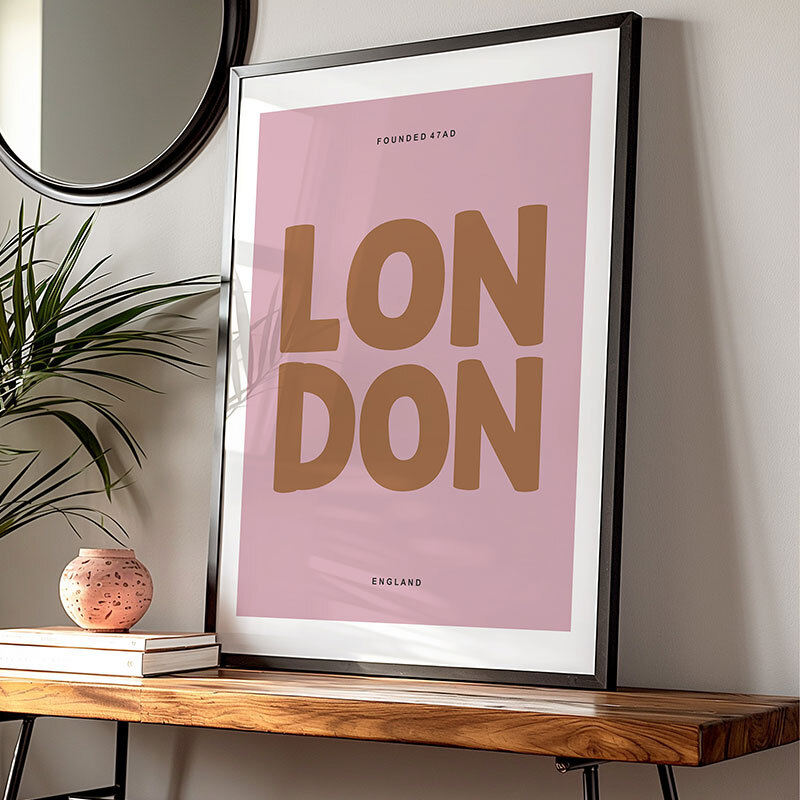 london typography pink art print by luxe poster co in black frame