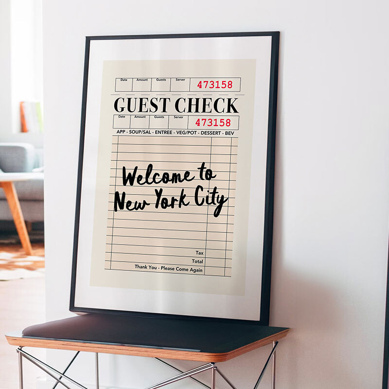 ny guest check art print by luxe poster co in black frame