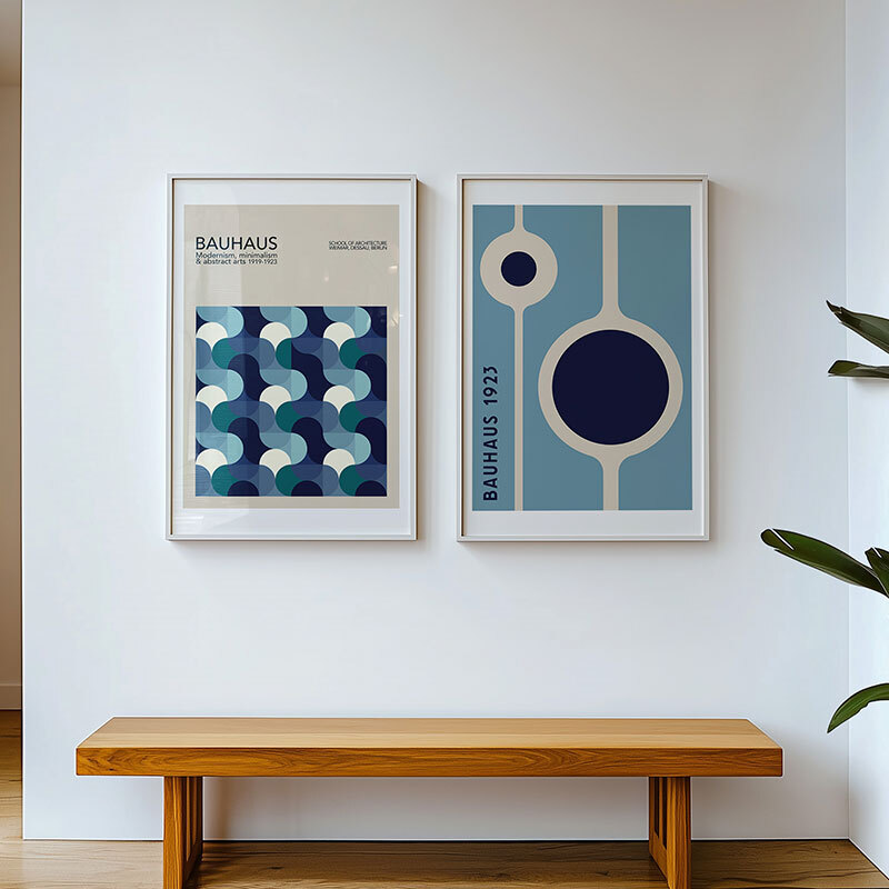 Blue Bauhaus Set by Luxe Poster Co in white frame