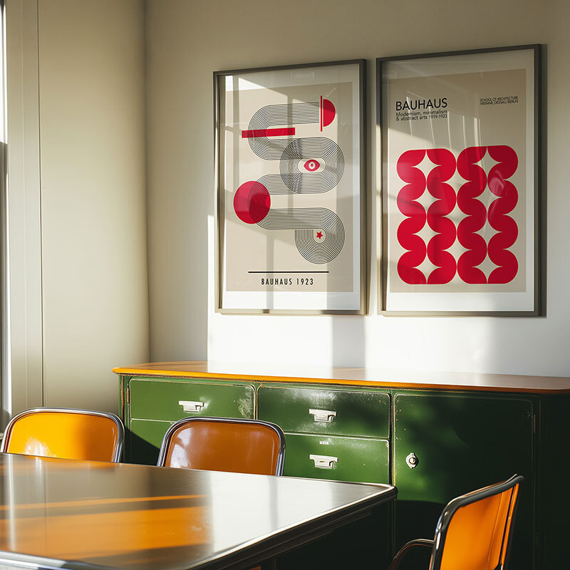 Red Bauhaus Set by Luxe Poster Co in black frame
