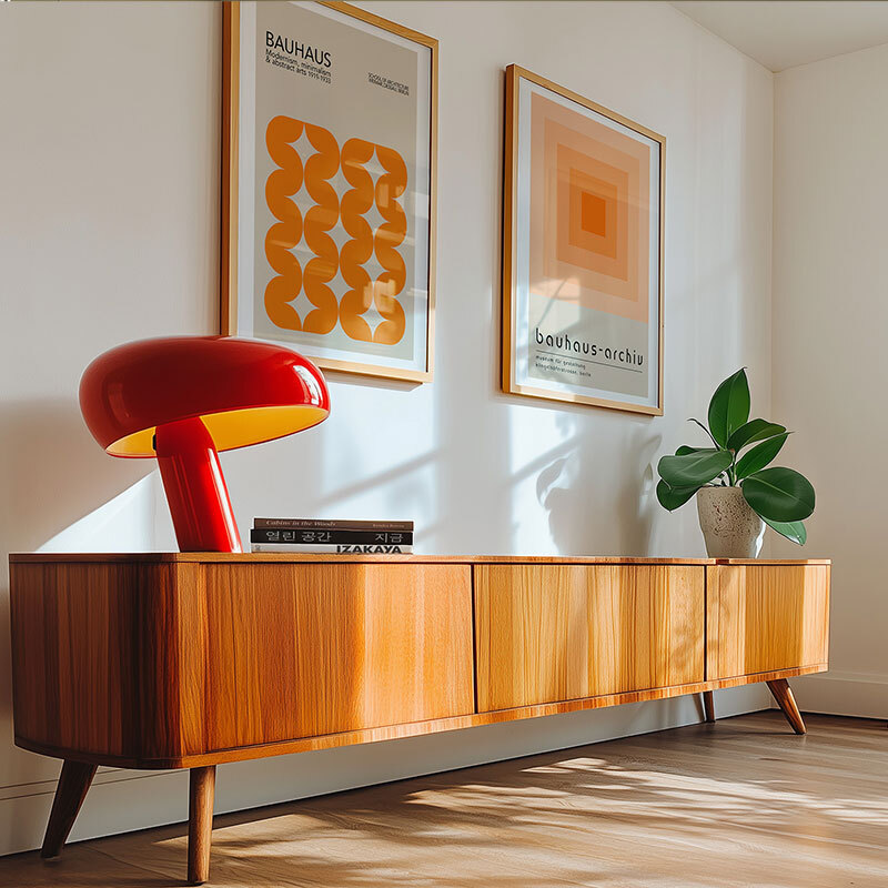 Orange Bauhaus Set by Luxe Poster Co in oak frame