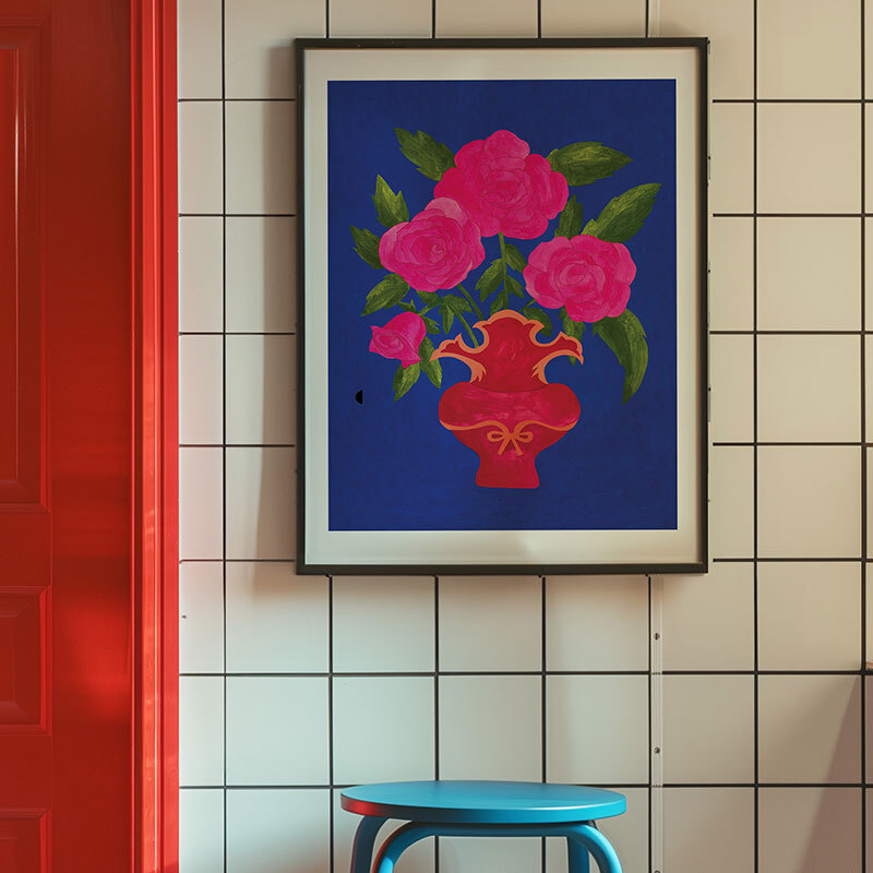 blue floral vase art print by mahin hussain in black frame