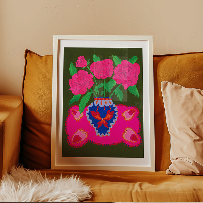 bright pink floral vase art print by mahin hussain in white frame