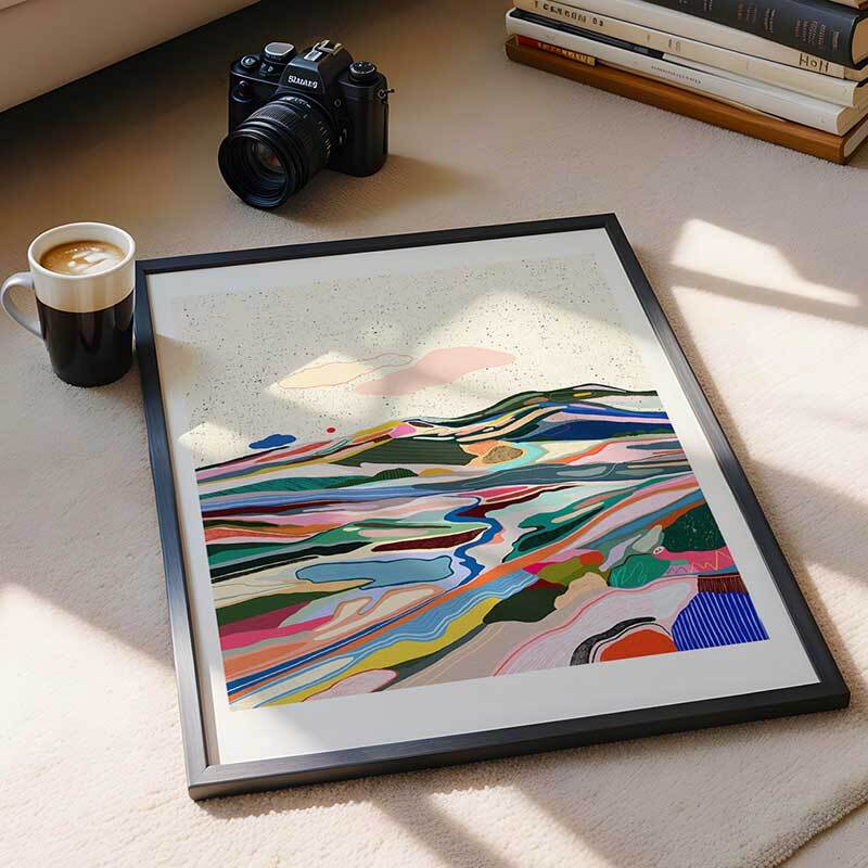 Black dots in the sky art print by marina ester castaldo co in black frame