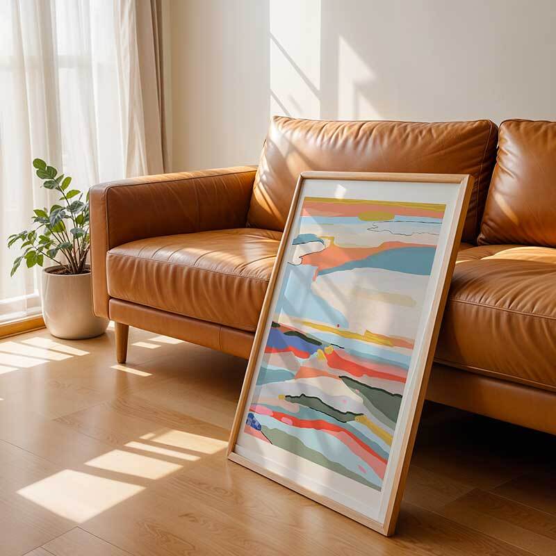 pastel sunset art print by marina ester castaldo co in oak frame