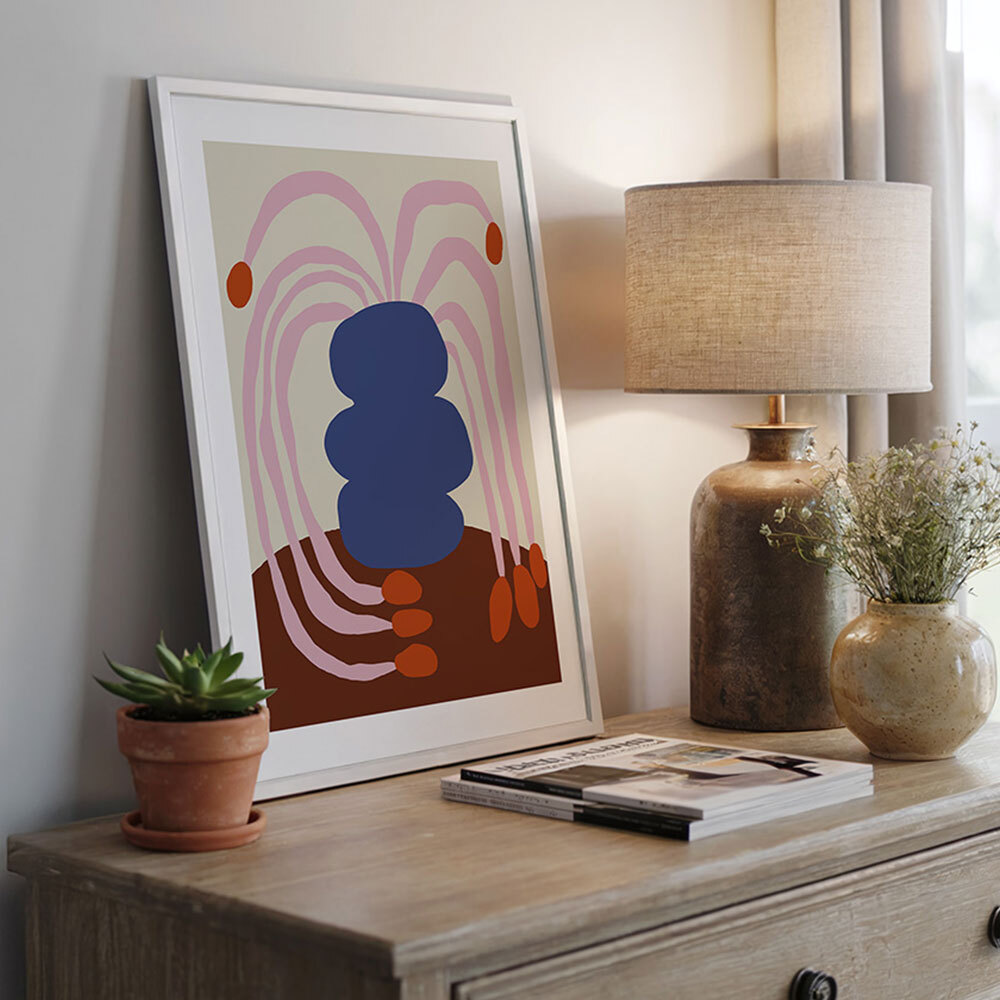 still-life flower pottery art print by miho art studio in white frame