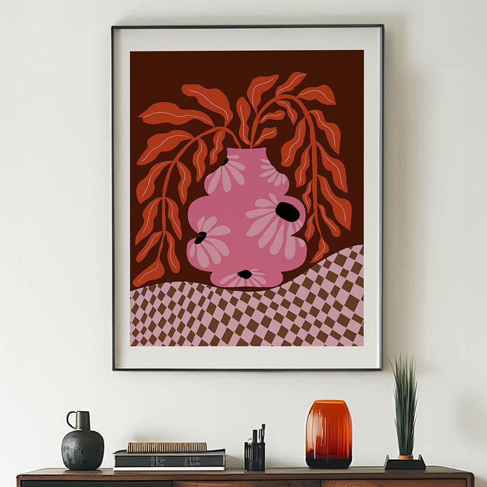 mid-century blooming pot art print by miho art studio in black frame