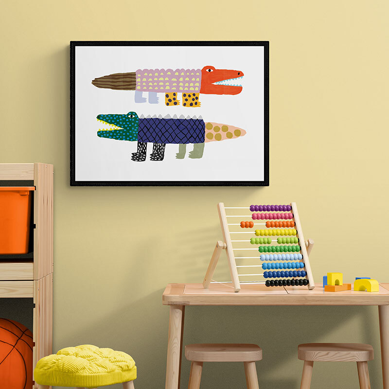 crocodile and alligator art print by min pin in black frame