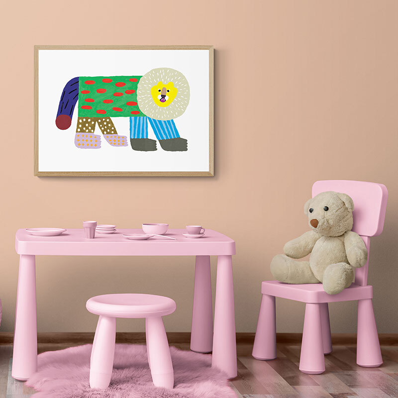 flash lion art print by min pin in oak frame