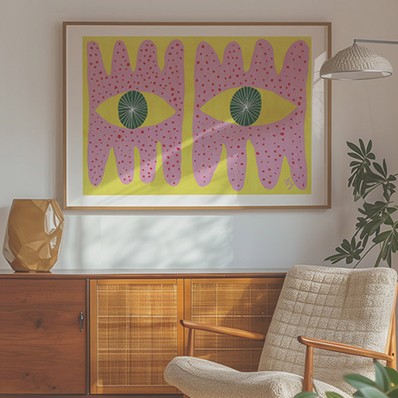 pink eyes art print by nancy mckie in oak frame