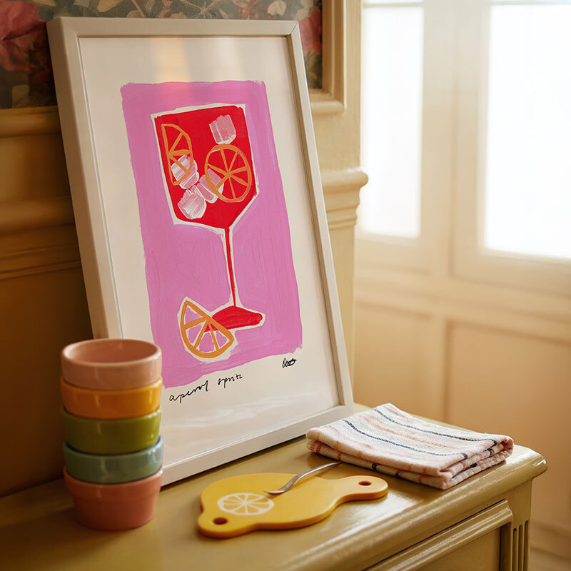 Aperol spritz pink art print by natalie cass in white frame