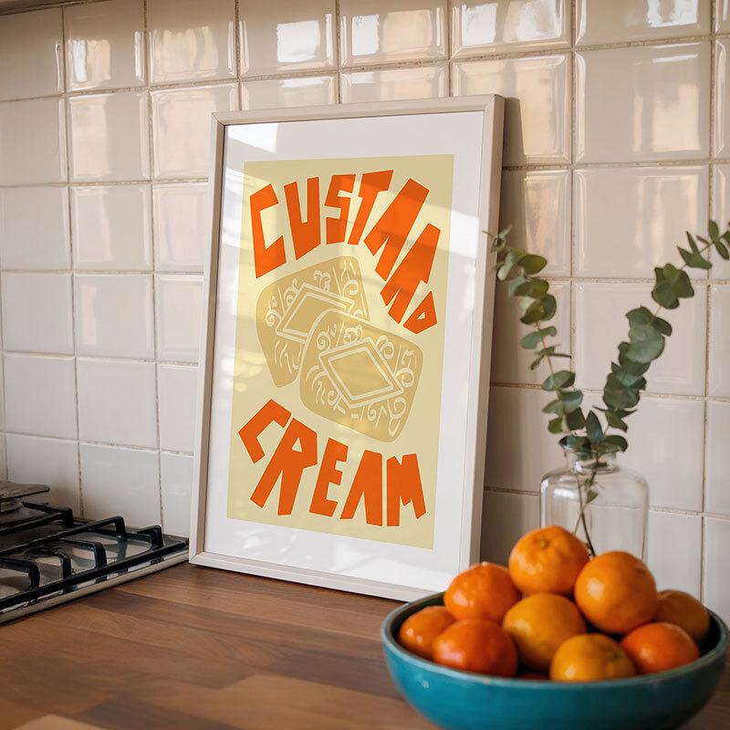 Custard cream art print by natalie cass in white frame