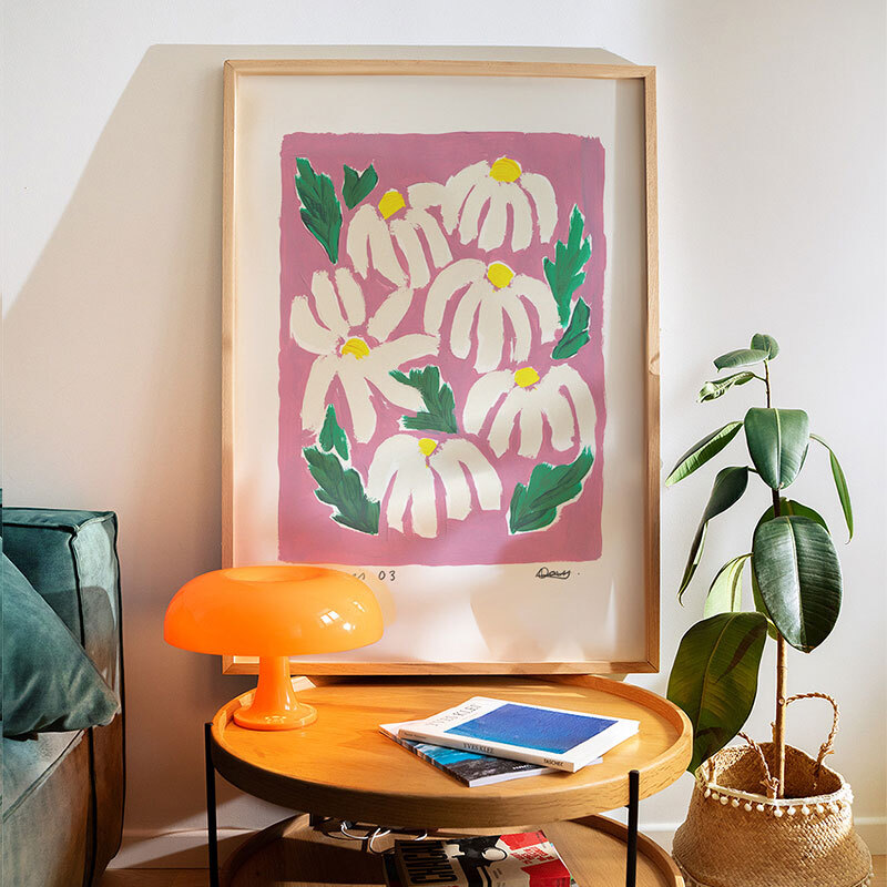 Daisies flower art print by natalie cass in oak frame