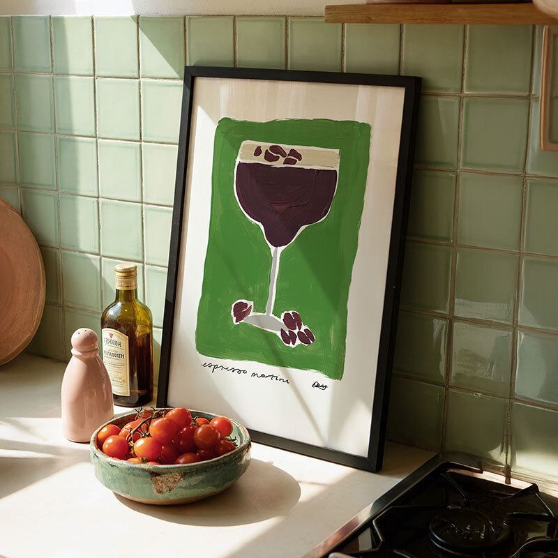 Espresso martini green art print by natalie cass in black frame