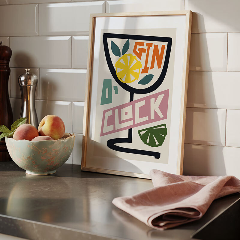 Gin o'clock art print by natalie cass in oak frame