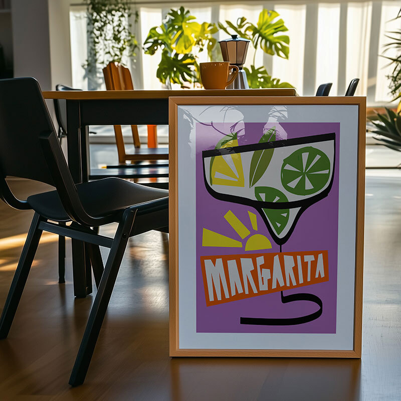 Margarita purple art print by natalie cass in oak frame