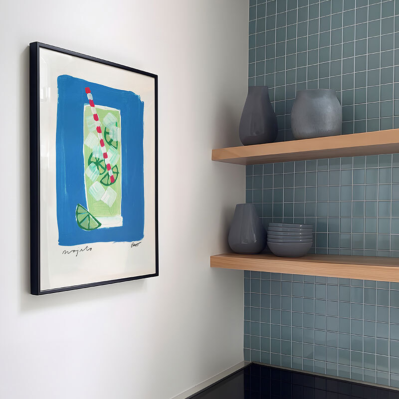 Mojito blue art print by natalie cass in black frame