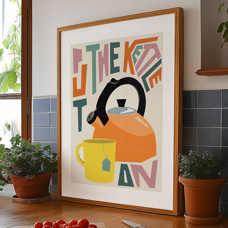 Put the kettle on art print by natalie cass in oak frame