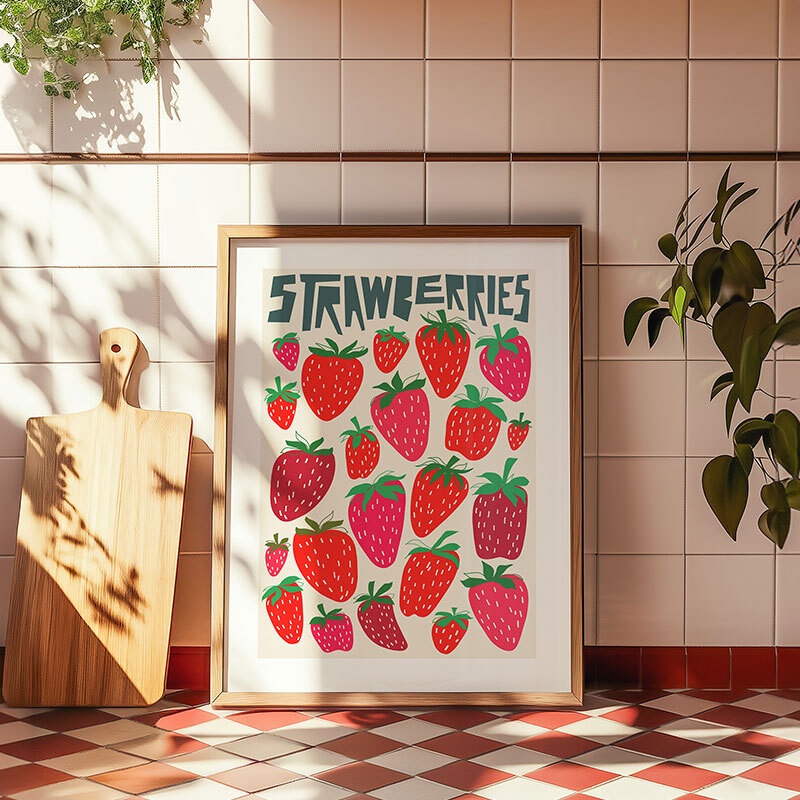 Strawberries art print by natalie cass in oak frame