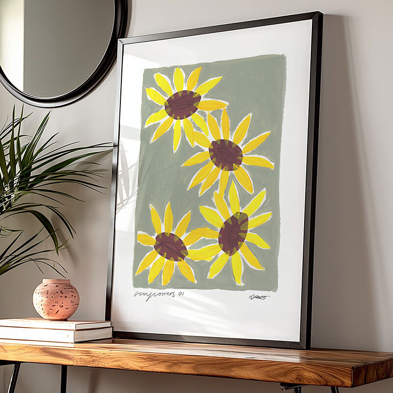 Summer sunflowers art print by natalie cass in black frame