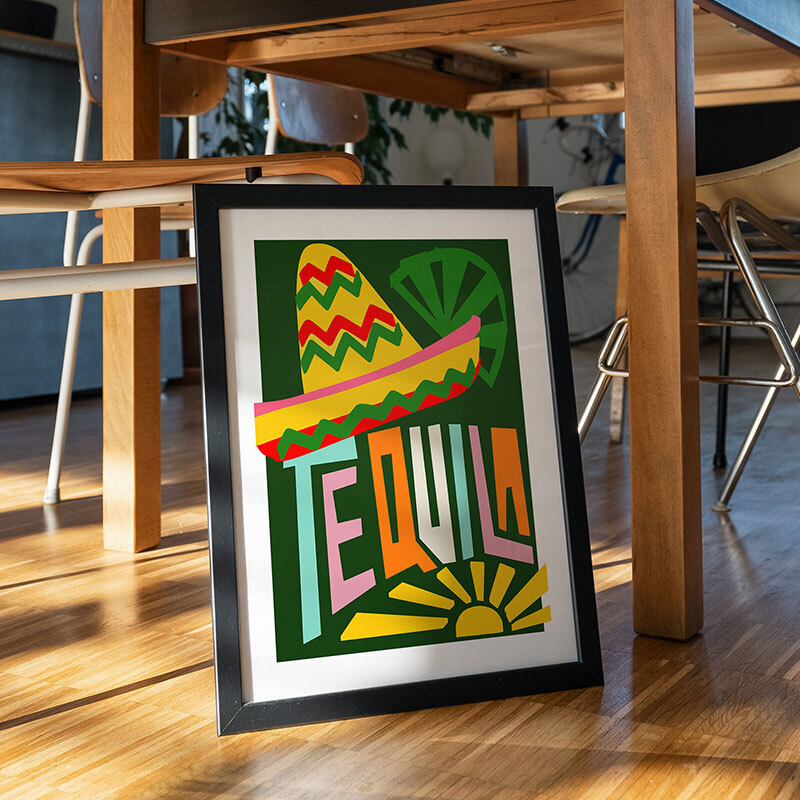 Tequila art print by natalie cass in black frame