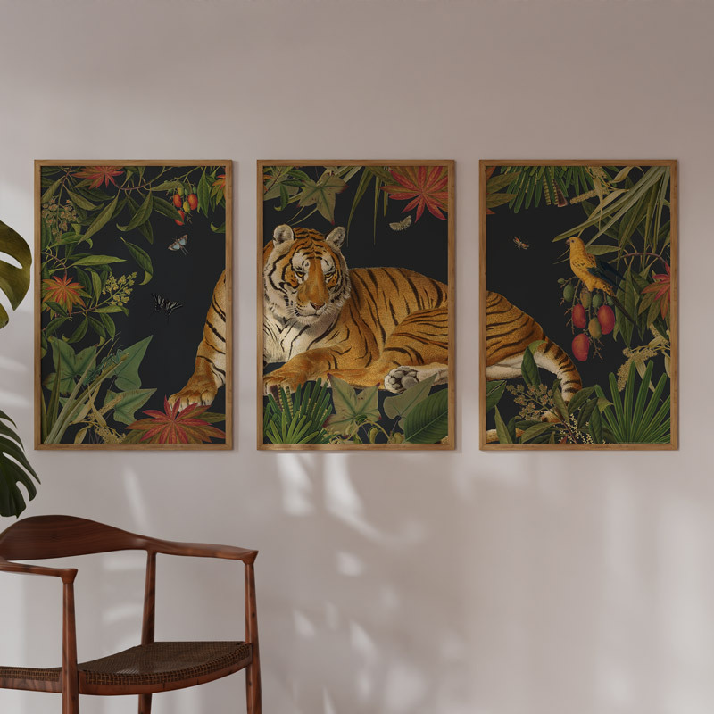 vintage tiger triptych art print set by the natural history museum in oak frame
