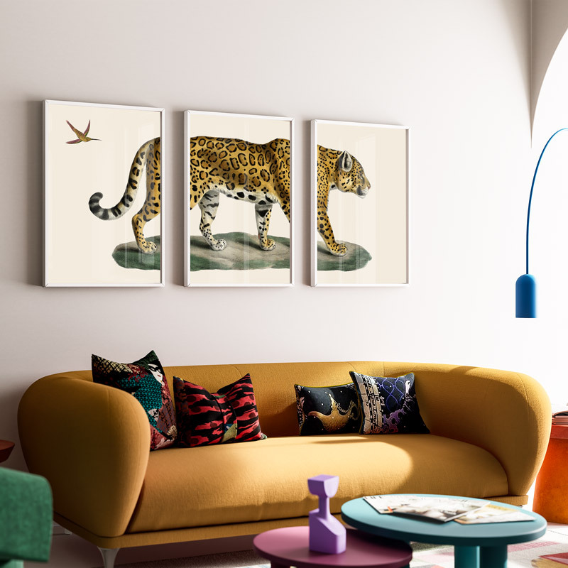 vintage jaguar triptych art print set by the natural history museum in white frame