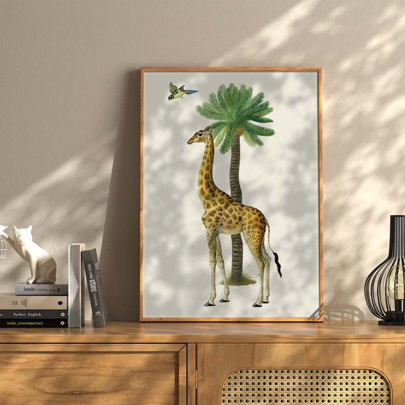 giraffe and bird art print by the natural history museum in oak frame