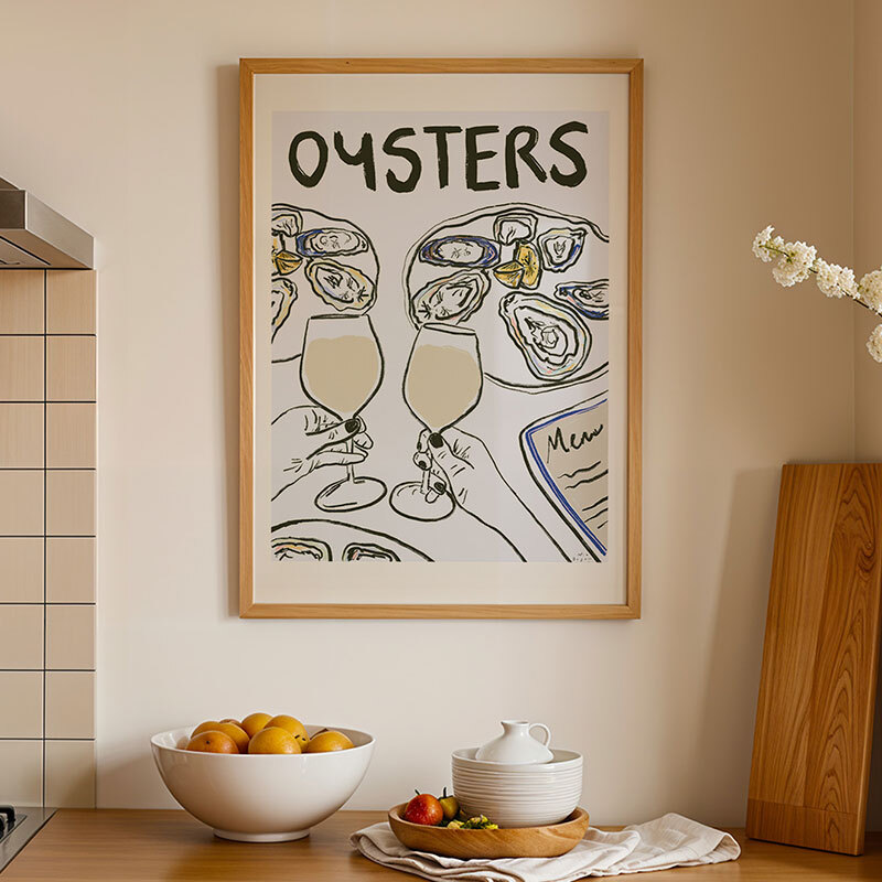 oysters with wine art print by nia beynon in oak frame