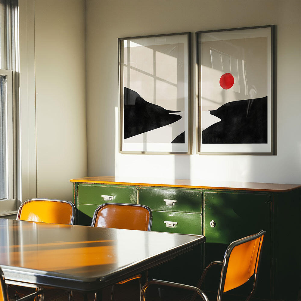 beige and black landscape set art print by the print republic in black frame