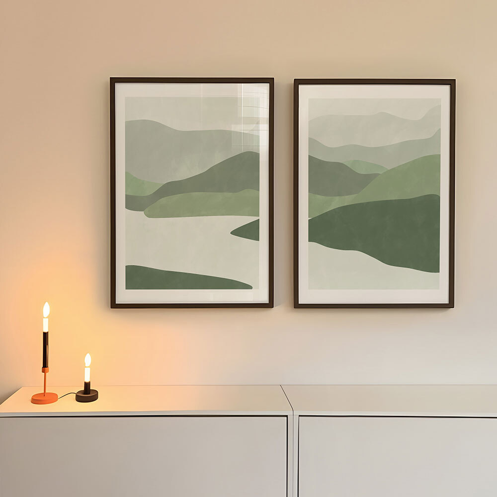 green landscape set art print by the print republic in black frame