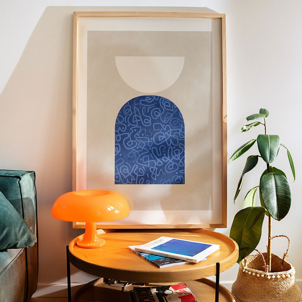 blue geometric shapes II art print by the print republic in oak frame