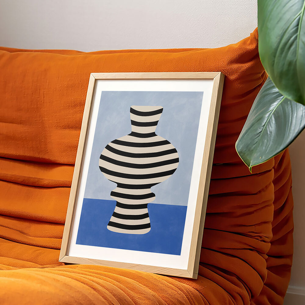 blue still life III art print by the print republic in oak frame