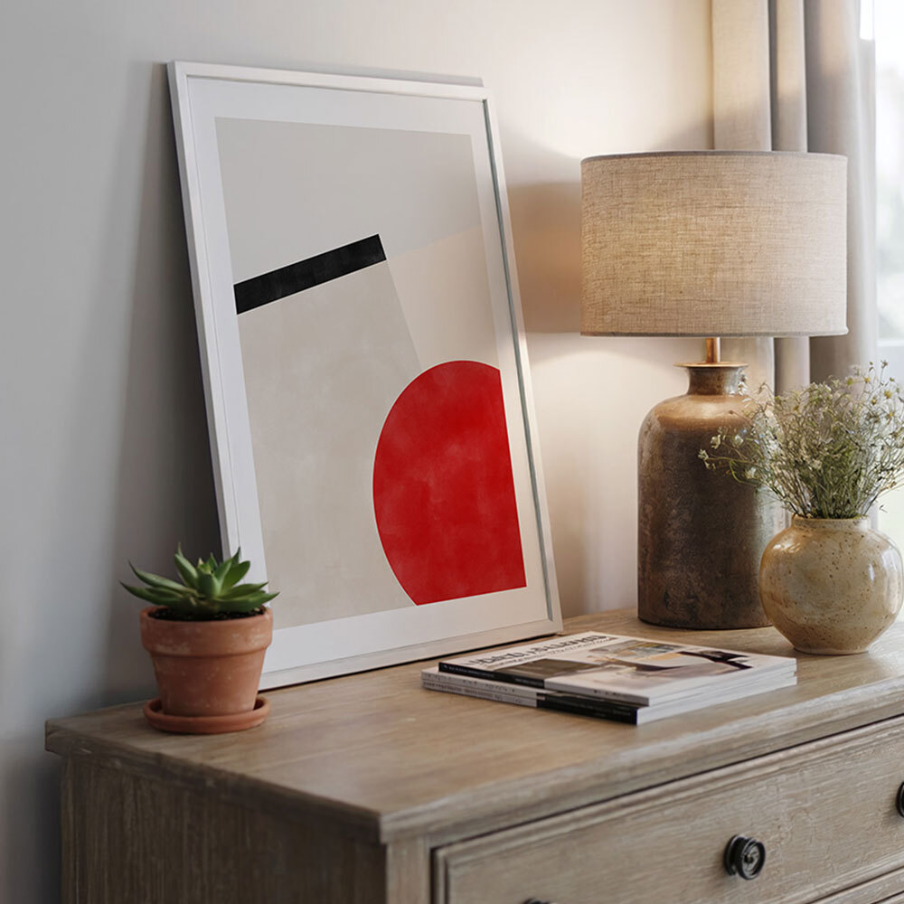 pink and red graphic poster III art print by the print republic in white frame