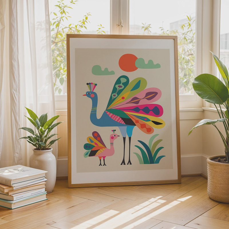 peacocks art print by rachel lee in oak frame