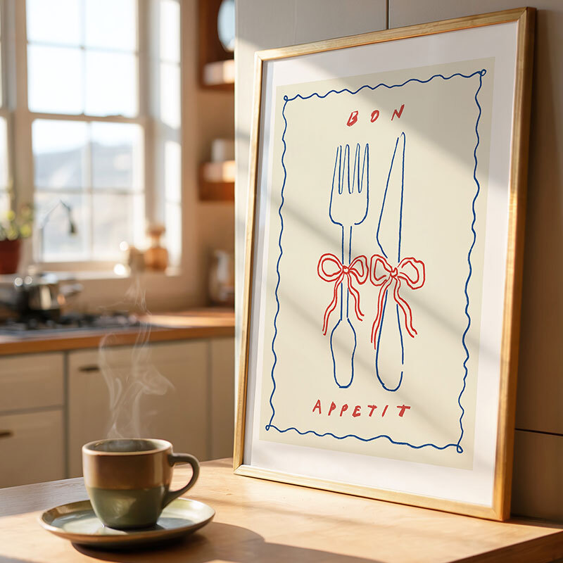 bon appetit babe art print by nice draws in oak frame