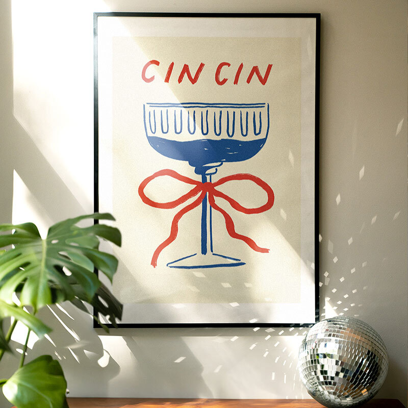 cin cin red bow art print by nice draws in black frame