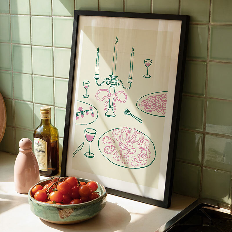 girl dinner art print by nice draws in black frame