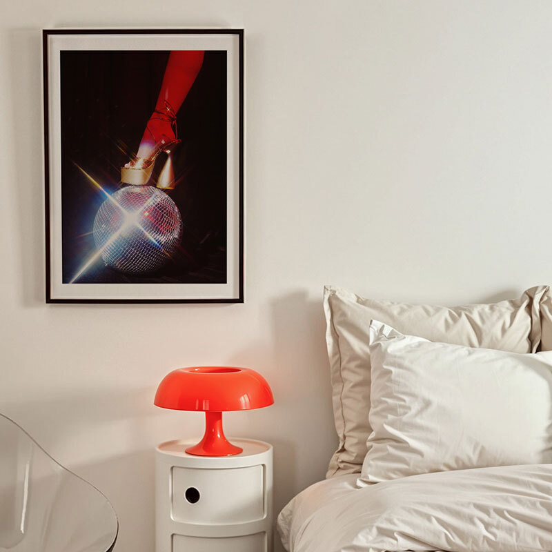 groovy disco ball shoe art print by sammy hearn in black frame