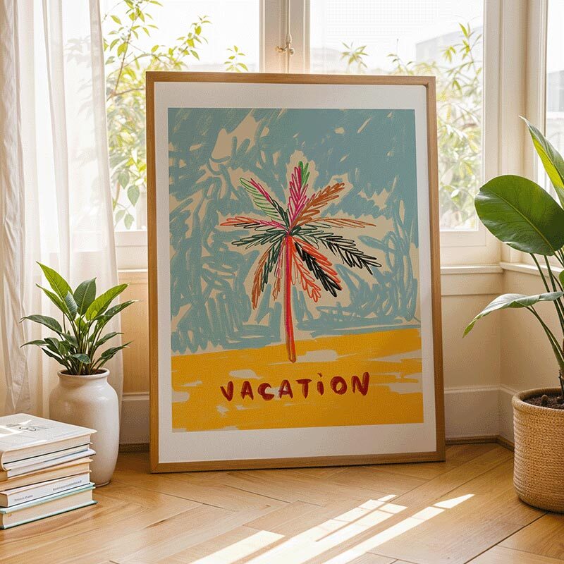 vacation art print by sandra poliakov in oak frame
