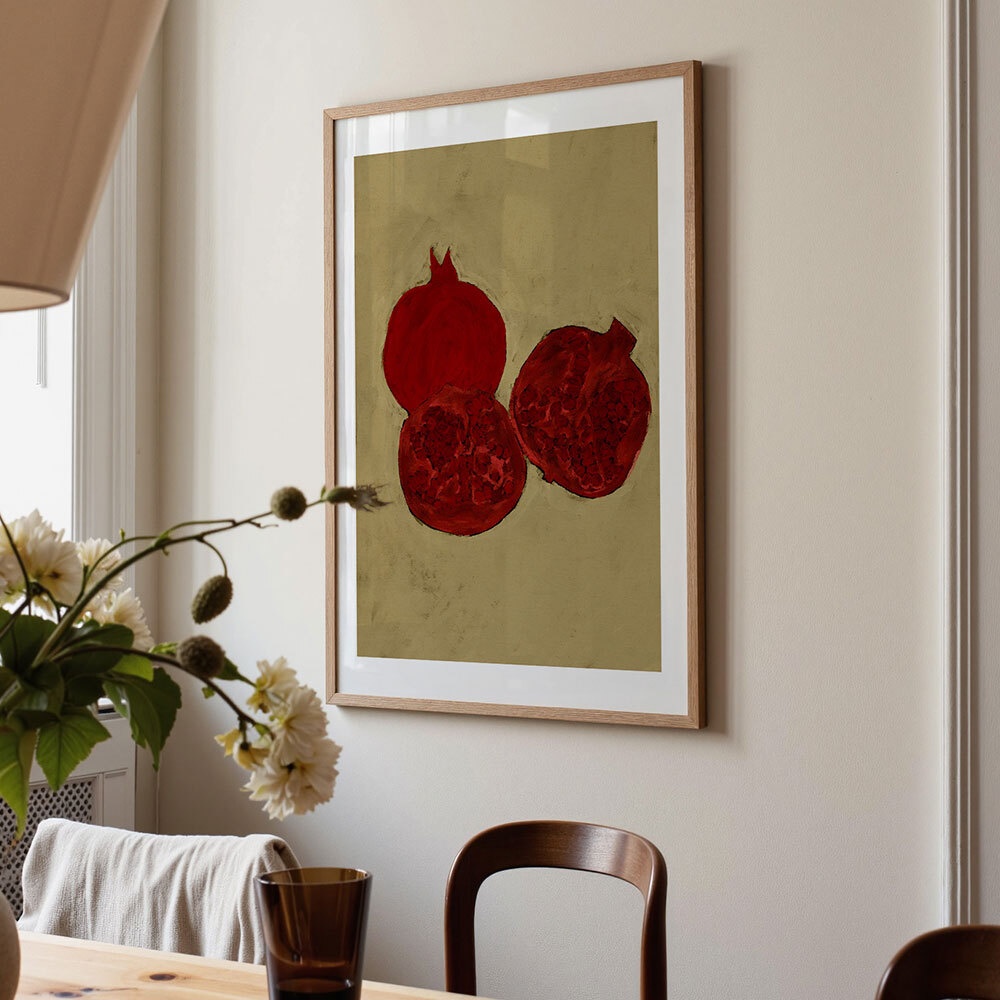 winter fruit art print by shatha dafai in oak frame