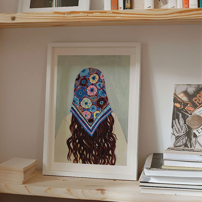 bandana girl art print by she snacks and paints in white frame