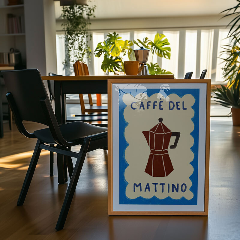 caffè del mattino art print by she snacks and paints in oak frame