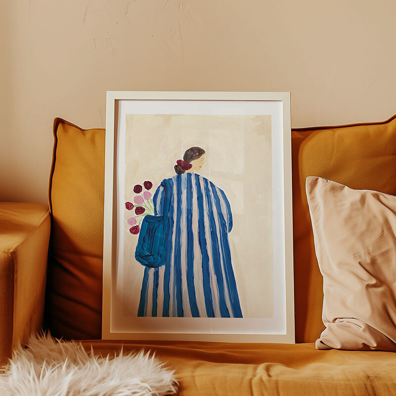 lady with flowers art print by she snacks and paints in white frame