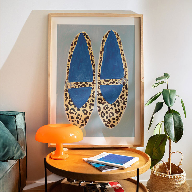 leopard shoes art print by she snacks and paints in oak frame