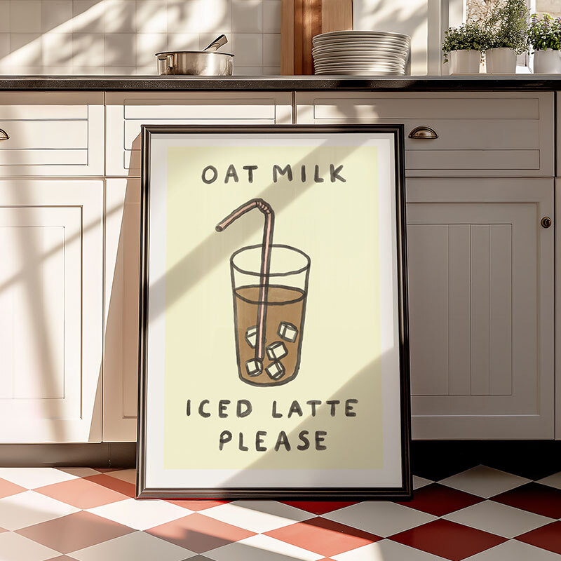 Oat milk iced latte art print by she snacks and paints in black frame