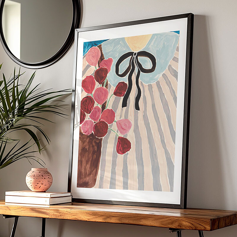 stripes and flowers art print by she snacks and paints in black frame