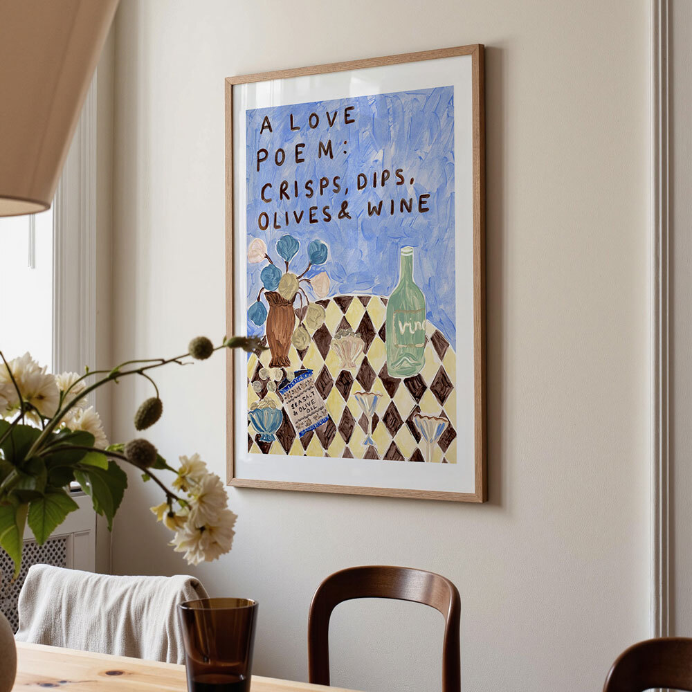 a love poem art print by she snacks and paints in oak frame