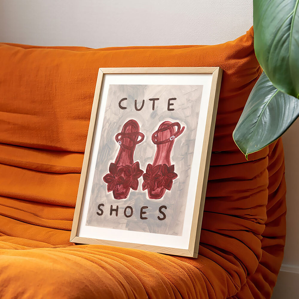 cute shoes art print by she snacks and paints in oak frame
